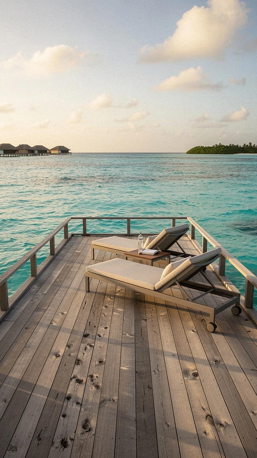 Overwater villa deck with turquoise lagoon, Maldives