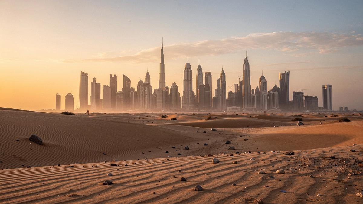 Dubai skyline at golden hour with desert dunes in the foreground