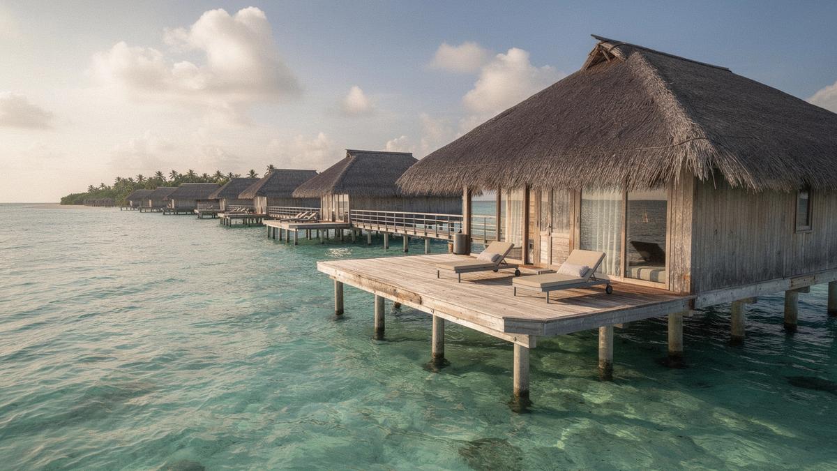 Overwater villa in a Maldives turquoise lagoon