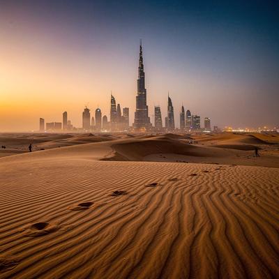 Dubai skyline seen from the desert at dusk