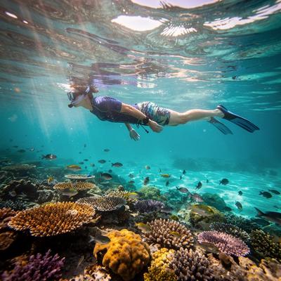 Snorkeler above a coral reef in clear Maldives water