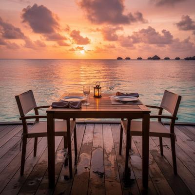 Sunset dining table on a Maldives overwater deck