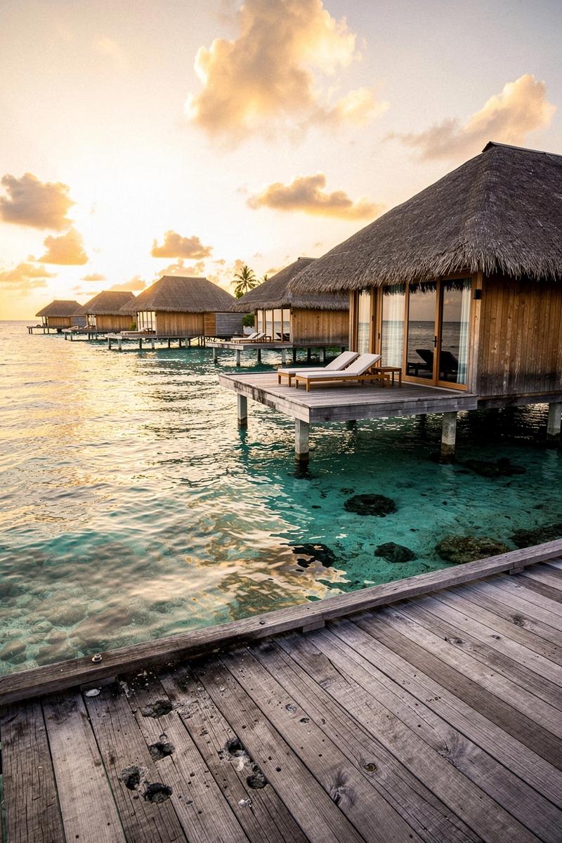 Maldives overwater villa at sunrise above a calm teal lagoon