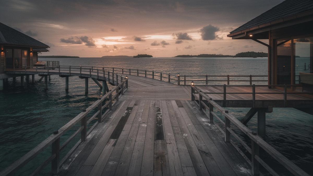 Overwater villa deck at dusk above a dark teal lagoon in the Maldives
