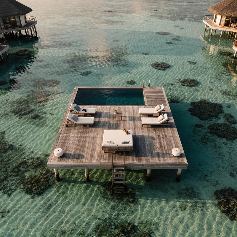 Overwater villa deck above a calm turquoise lagoon