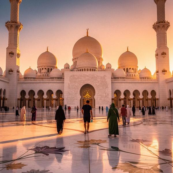 Sunset on the white domes of the Sheikh Zayed Grand Mosque