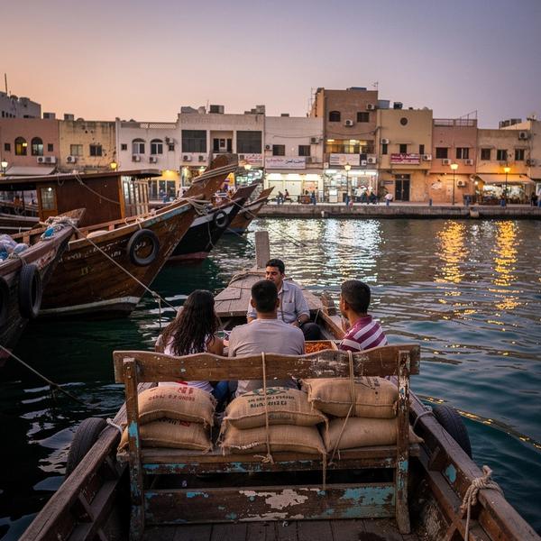 Wooden abra crossing Dubai Creek at dusk