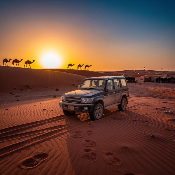 4x4 on the red dunes of Lahbab at sunset